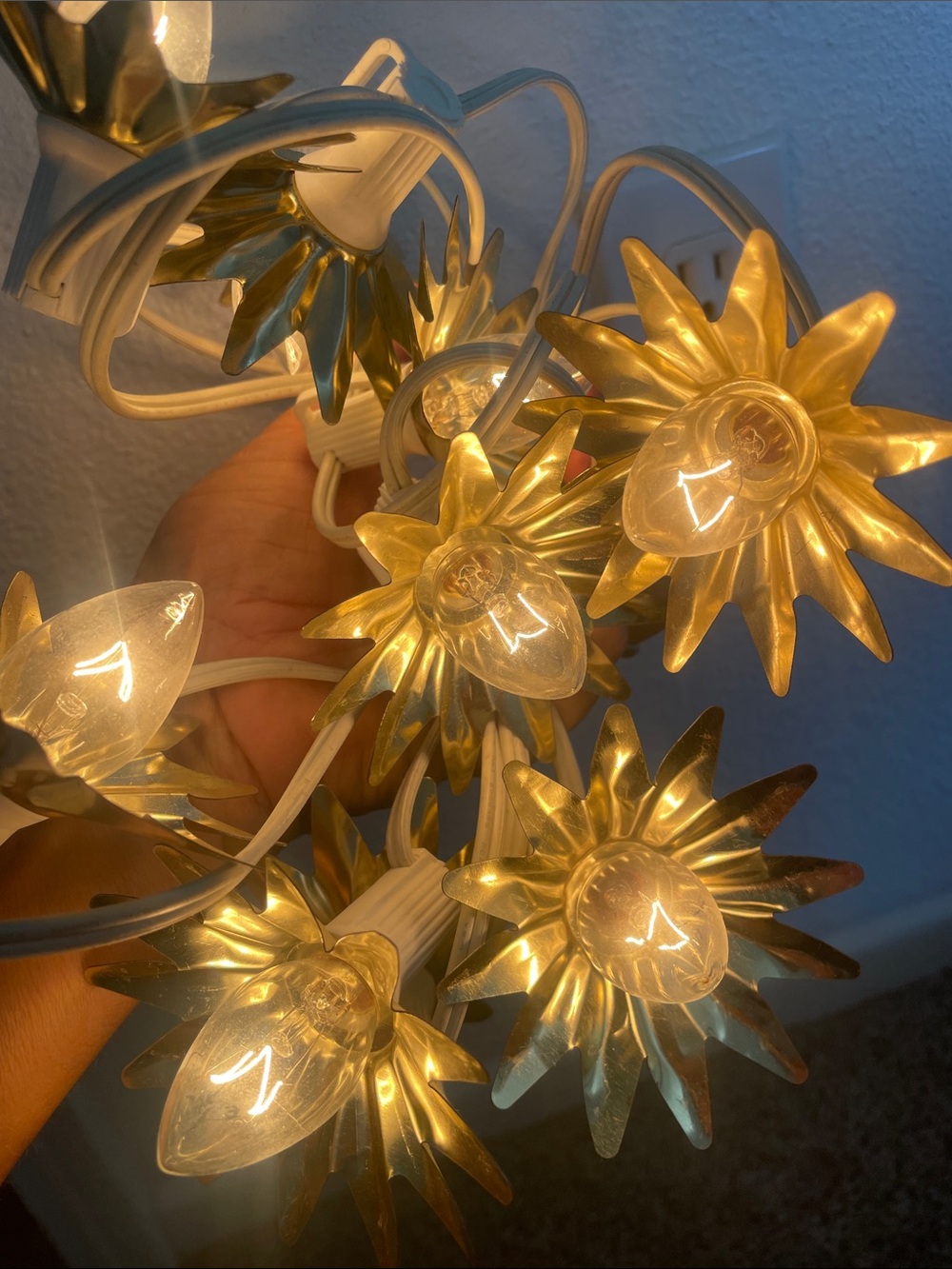 Metal Flower String Lights - Gold & White Bulbs 4 Strands Vintage